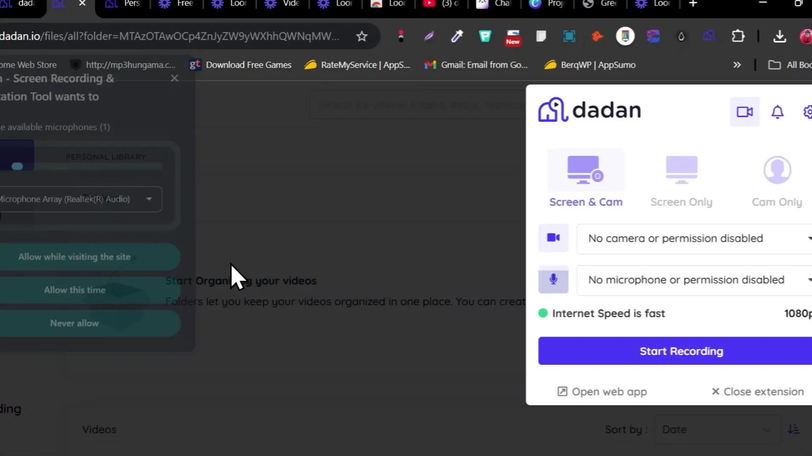 Chrome extension popup to choose screen or cam recording