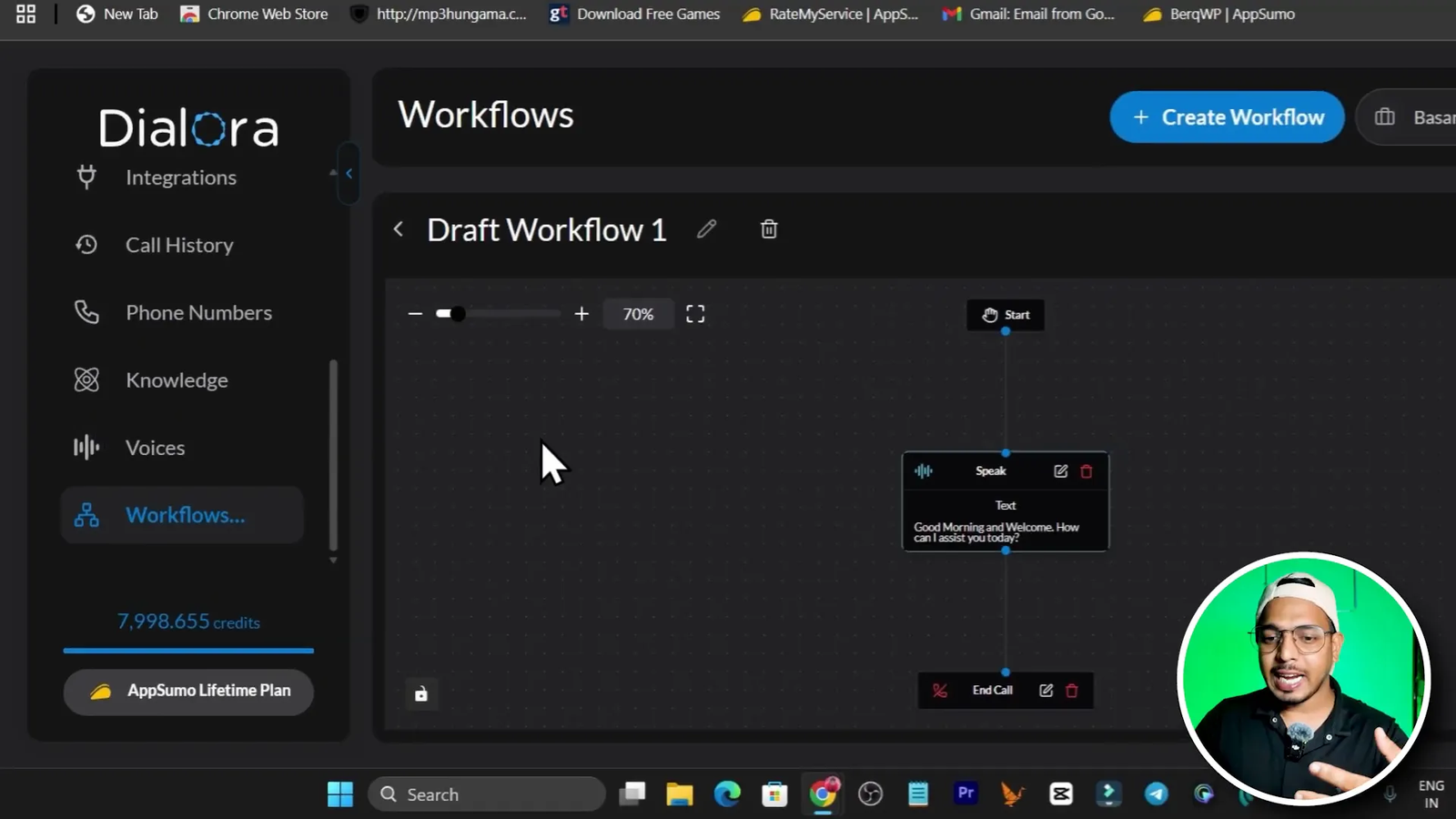 Workflow editor showing start message and nodes for branching conversation