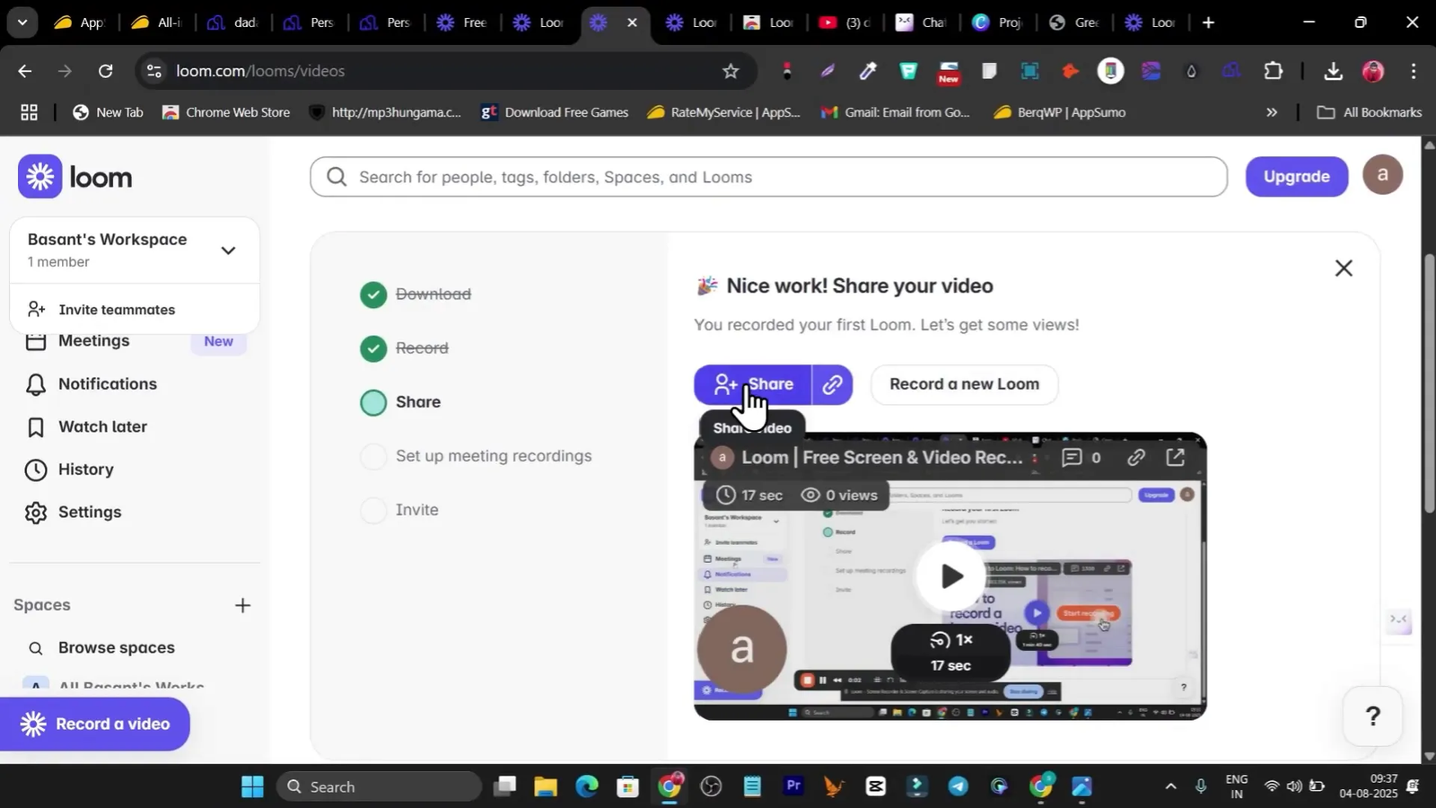 Loom recorded video page with share link visible