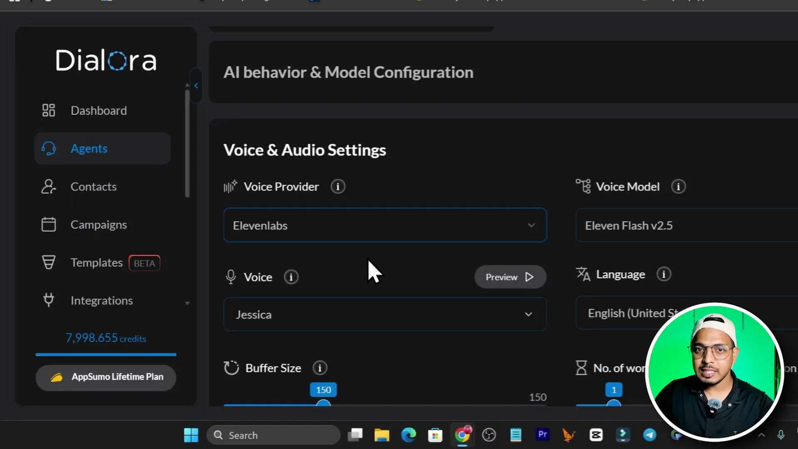 Voice & audio settings including 11 Labs integration and voice model selection (Flash/turbo)