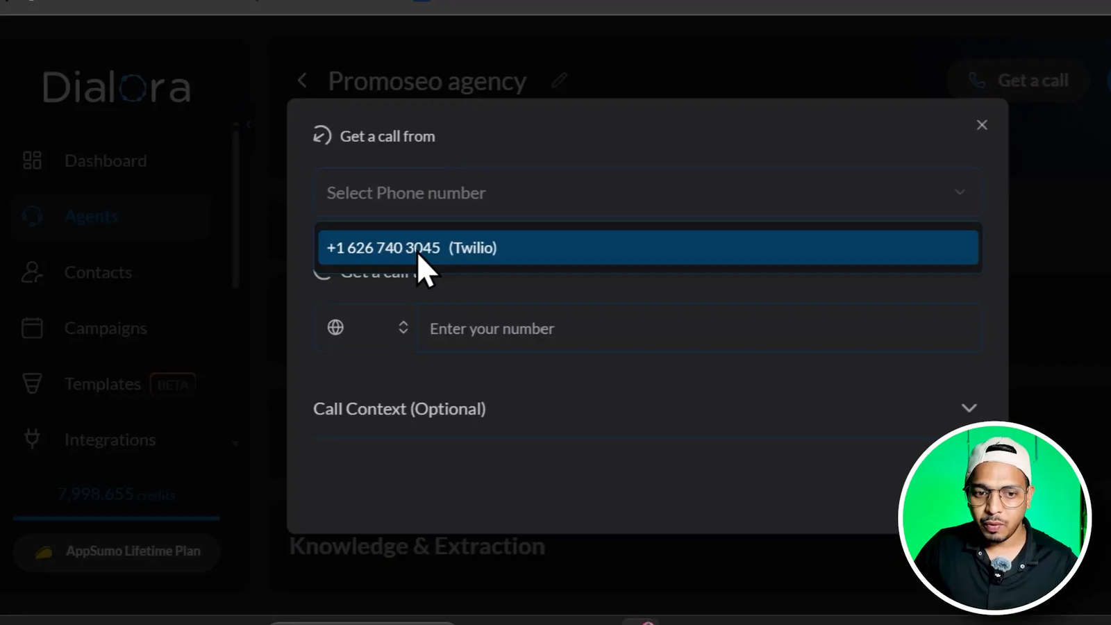 Testing the agent by clicking 'Get a call' and adding test phone number