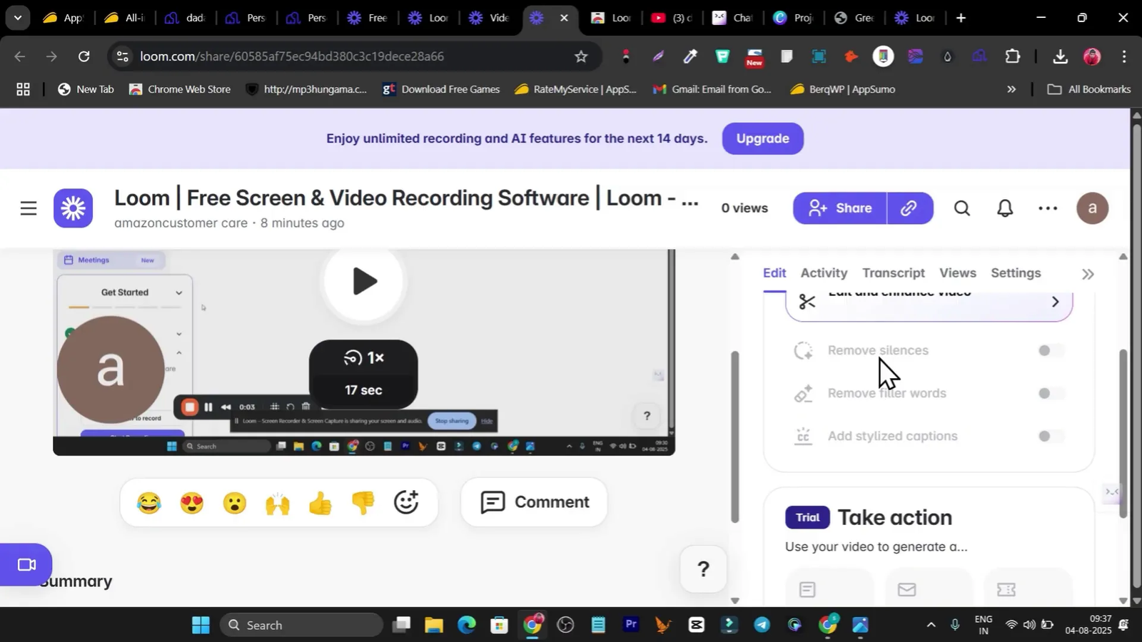 Loom editor options showing AI features menu (premium)