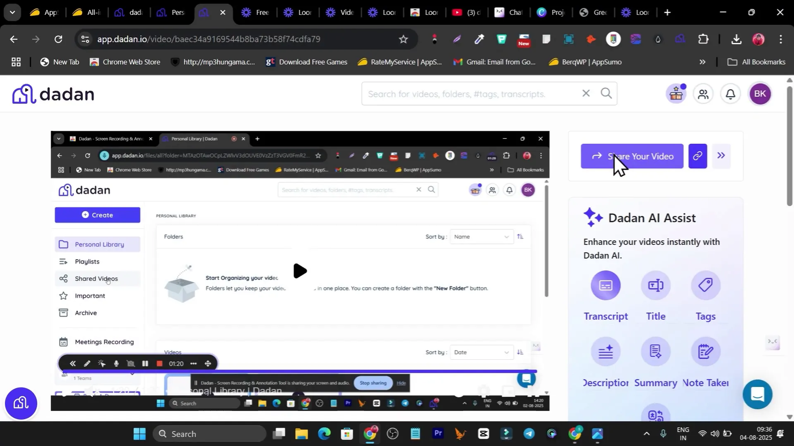 Dadan.io video with AI-generated transcript and share options