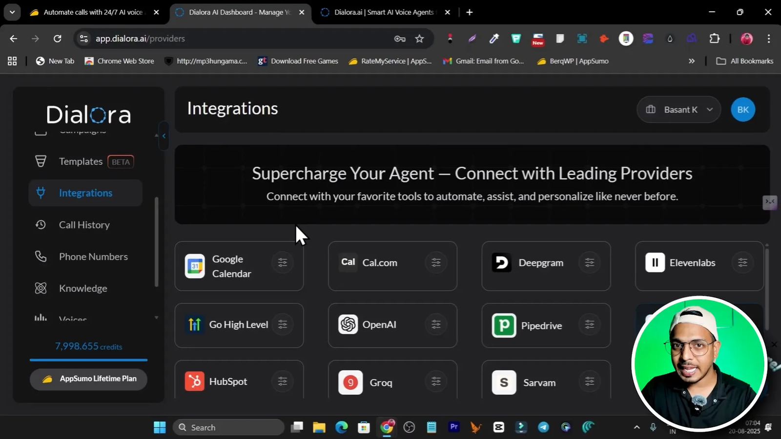 Integrations dashboard showing Google Calendar, Cal.com, 11 Labs, OpenAI, HubSpot