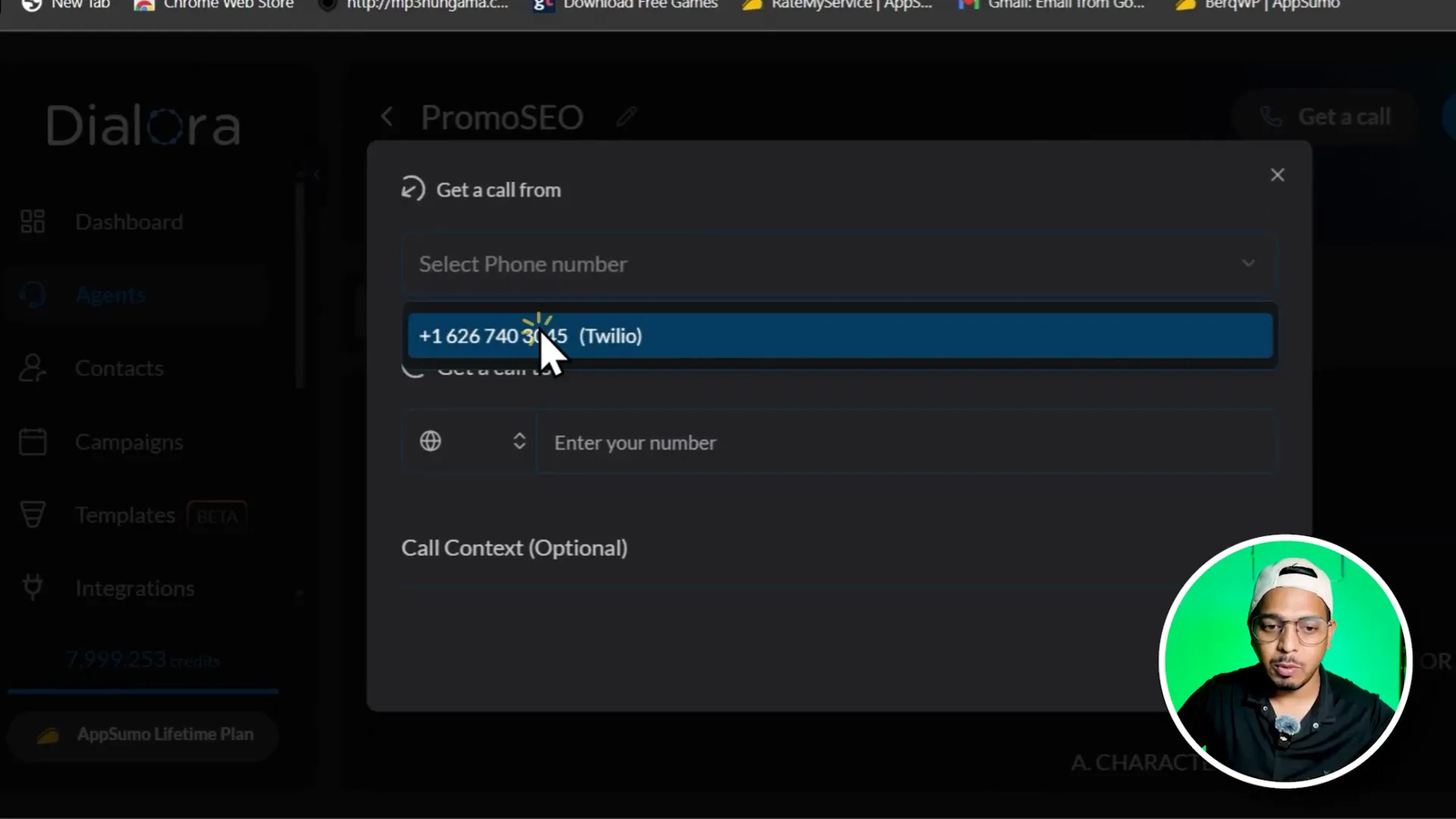 Clicking 'Get a call' to trigger test call