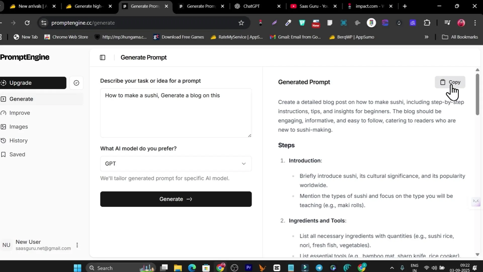 Generated professional prompt showing sections: steps, ingredients, tools, preparation, tips, output format