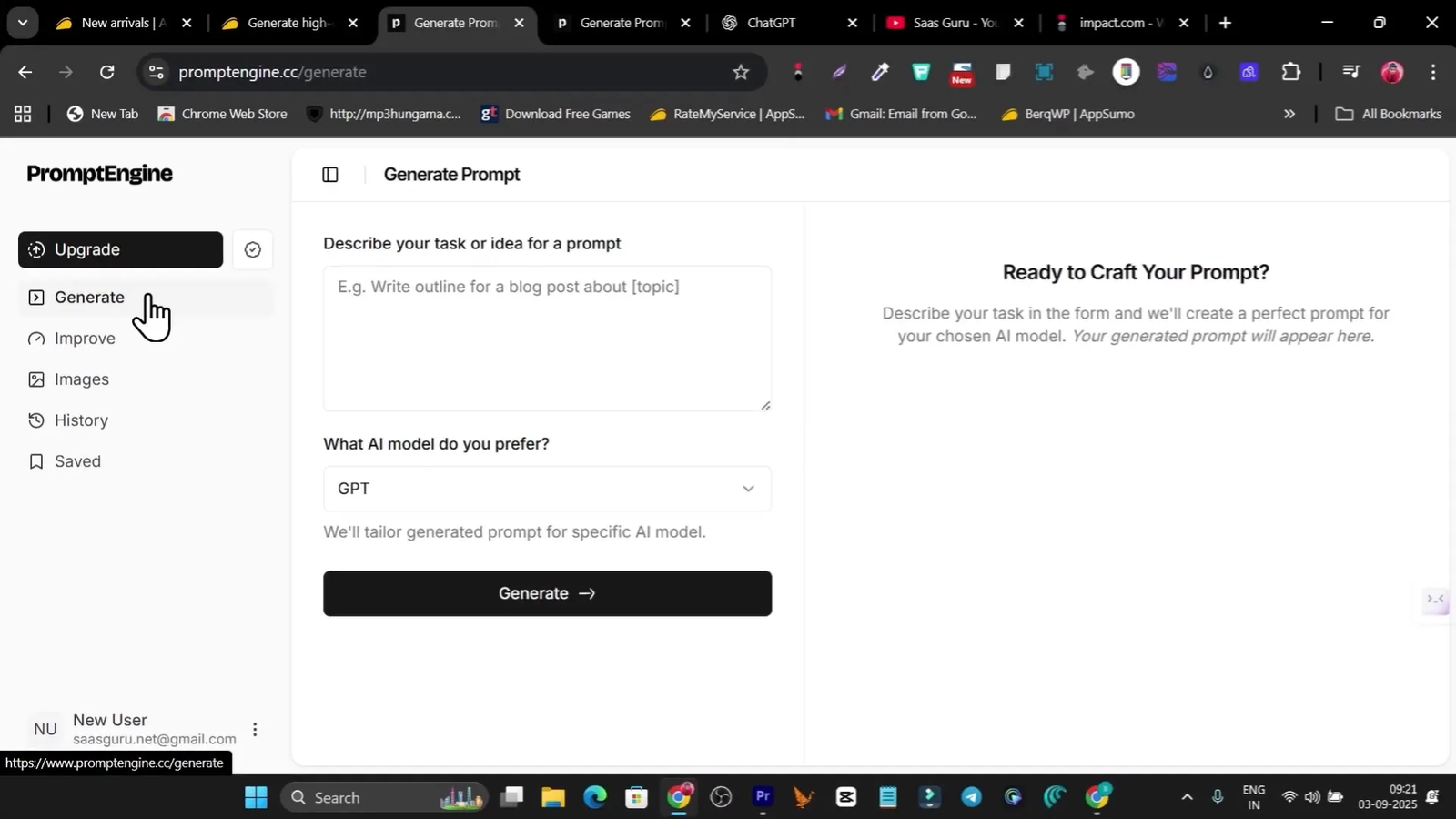 PromptEngine dashboard with 'Generate' button and input field