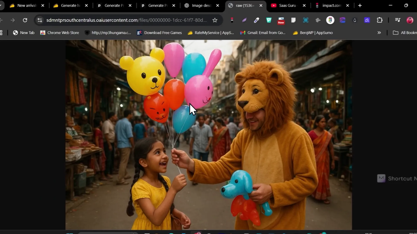 Generated image of a young girl buying balloons from a zookeeper dressed as a lion in a Delhi market