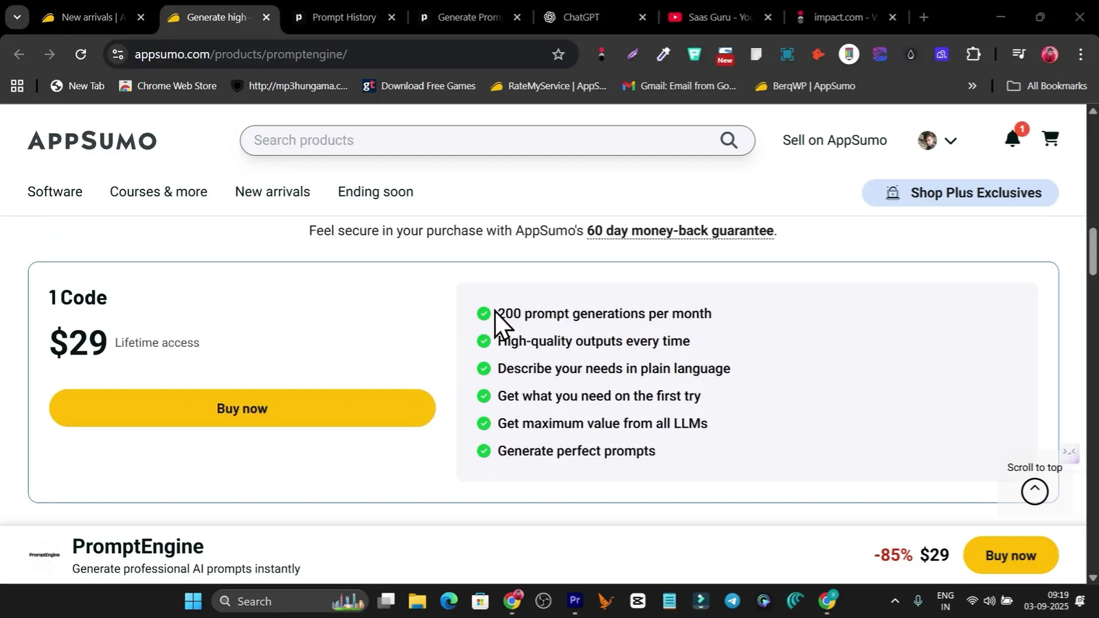 AppSumo lifetime deal page showing $29 one-time payment for PromptEngine
